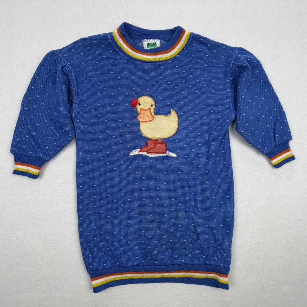 Vintage Bull Frog Kids Blue Duck Rainbow Knit Sweater Dress 2T Made in USA